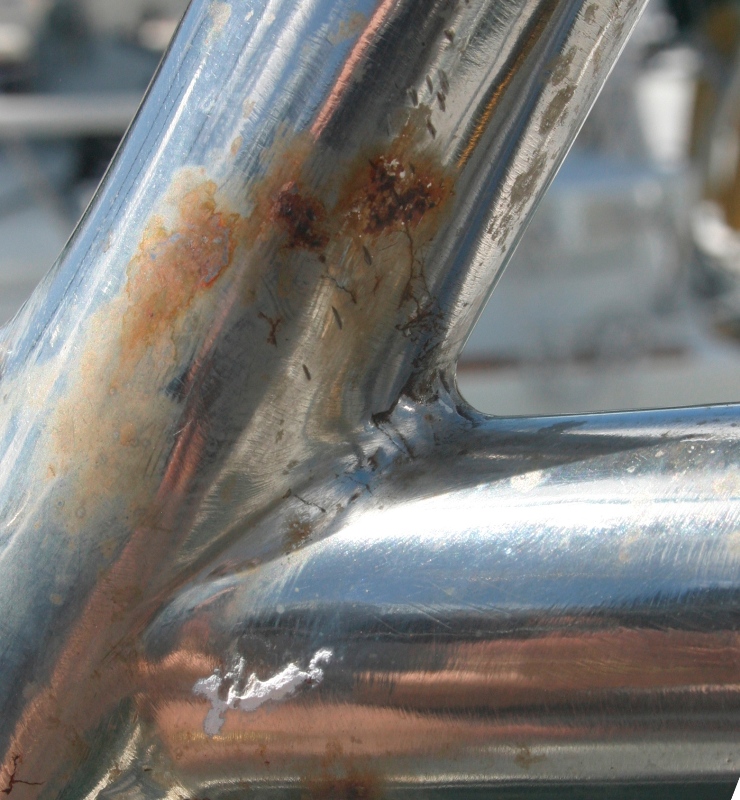 Crevice corrosion cracks at joint in bow pulpit